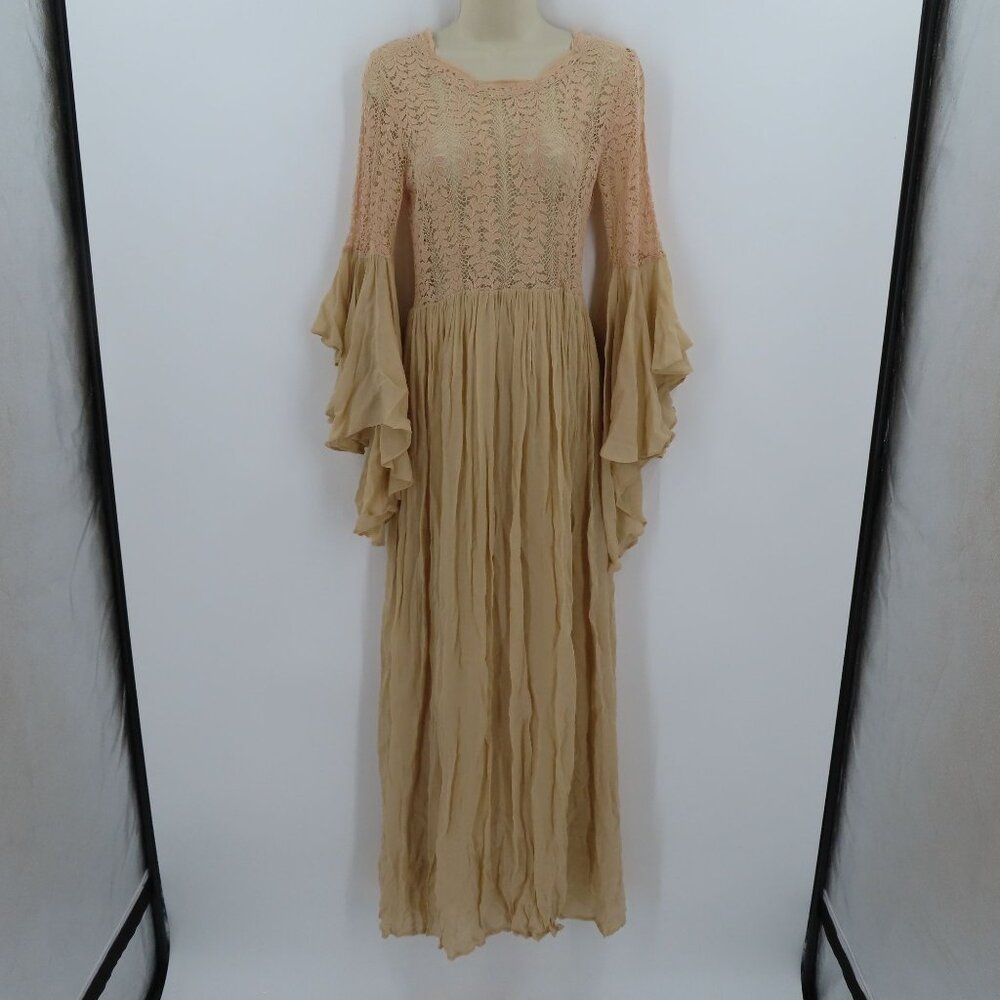 ByTimo Womens Small Beige Sheer Lace Long Sleeve Flowy Maxi Dress Boho Chic - Picture 11 of 12